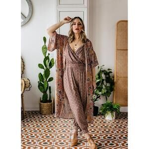 NWOT Vada Winter Penelope Duster Cardigan Floral Open Front Dusty Rose Small